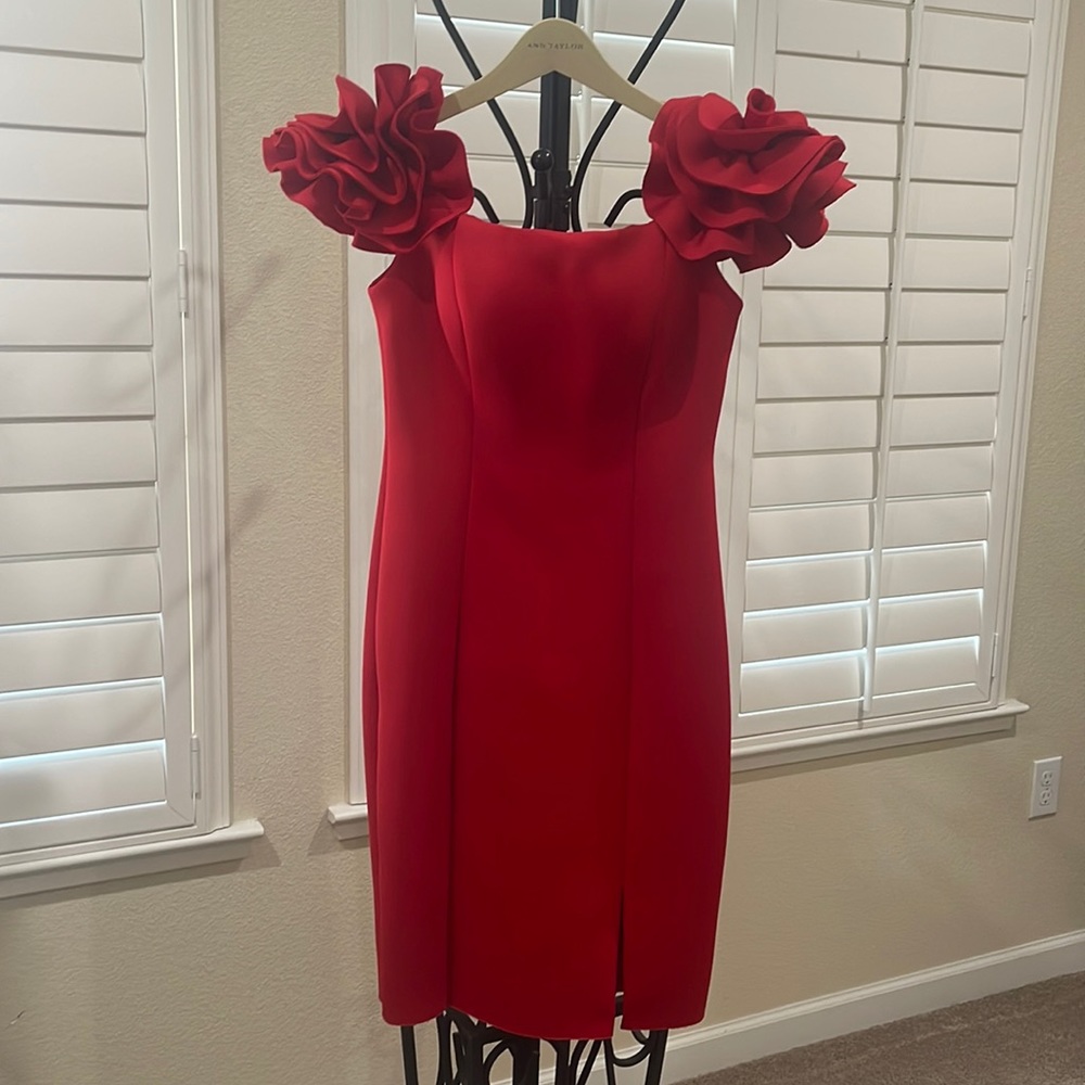 Red puffy sleeved midi dress
